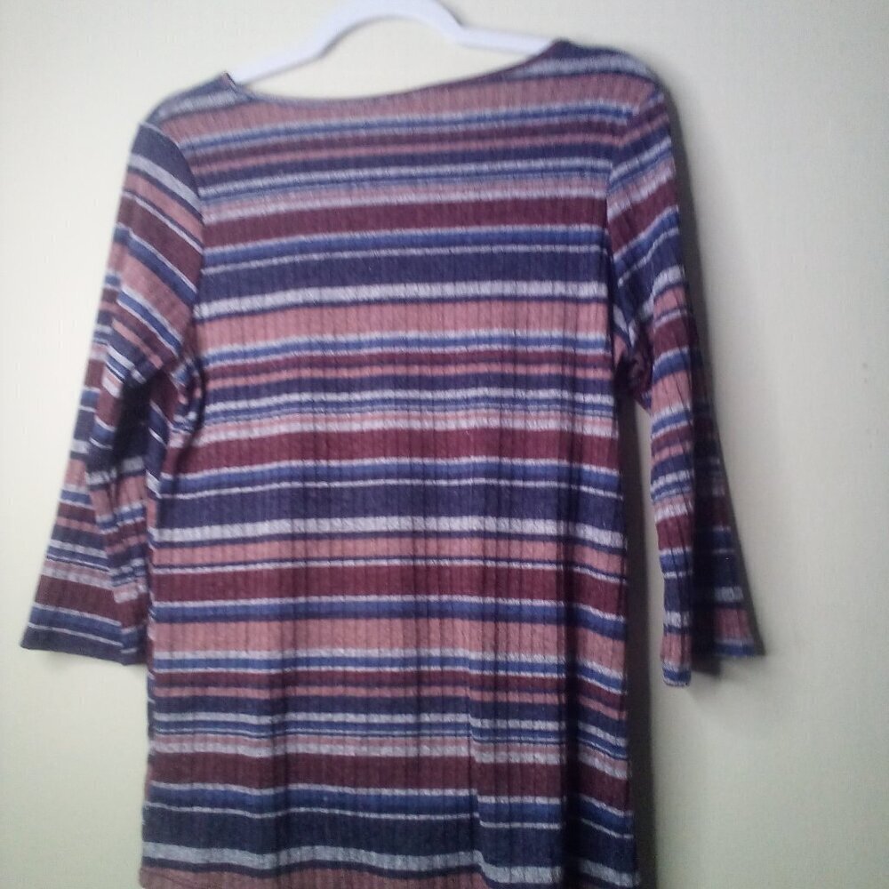 Another Reason Shirt Blouse L 3/4 Sleeve Tie Detail Ribbed Stripe Blue Red - Picture 5 of 14